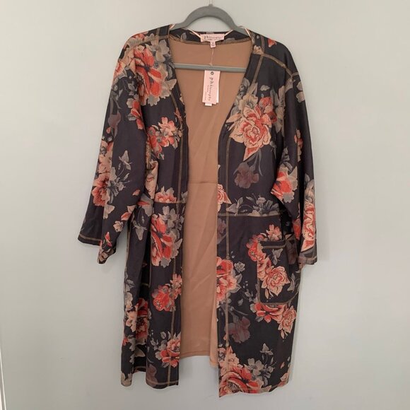 NEW Philosophy faux leather super soft floral tunic length open front cardigan - Picture 1 of 10